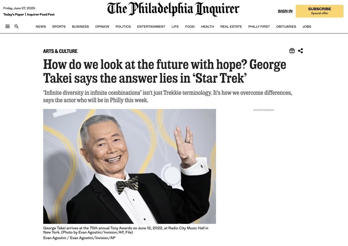 Top Shelf Productions (@topshelfcomix) on Twitter photo . <a href="/PhillyInquirer/">The Philadelphia Inquirer</a> interviews #GeorgeTakei as he visiting #Philly for #ALA2025!
"'Infinite diversity in infinite combinations’ isn't just Trekkie terminology. It's how we overcome differences,'" said Takei.
Read more here: ow.ly/4A6Y50WhL1a
#StarTrek #ItRhymesWithTakei . <a href="/PhillyInquirer/">The Philadelphia Inquirer</a> interviews #GeorgeTakei as he visiting #Philly for #ALA2025!
"'Infinite diversity in infinite combinations’ isn't just Trekkie terminology. It's how we overcome differences,'" said Takei.
Read more here: ow.ly/4A6Y50WhL1a
#StarTrek #ItRhymesWithTakei