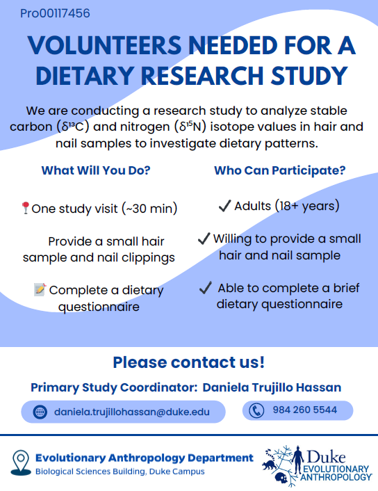 Dr. Eric Westman, MD, MHS (@drericwestman) on Twitter photo 📣Attention Durham, NC folks!
Participants Needed for a Dietary Research Study
📧 Primary Study Coordinator: Daniela Trujillo Hassan – daniela.trujillohassan@duke.edu
📍 Location: Office 206B, Biological Sciences Building, Duke Campus.
forms.gle/kG8infAseEX4c5… 📣Attention Durham, NC folks!
Participants Needed for a Dietary Research Study
📧 Primary Study Coordinator: Daniela Trujillo Hassan – daniela.trujillohassan@duke.edu
📍 Location: Office 206B, Biological Sciences Building, Duke Campus.
forms.gle/kG8infAseEX4c5…