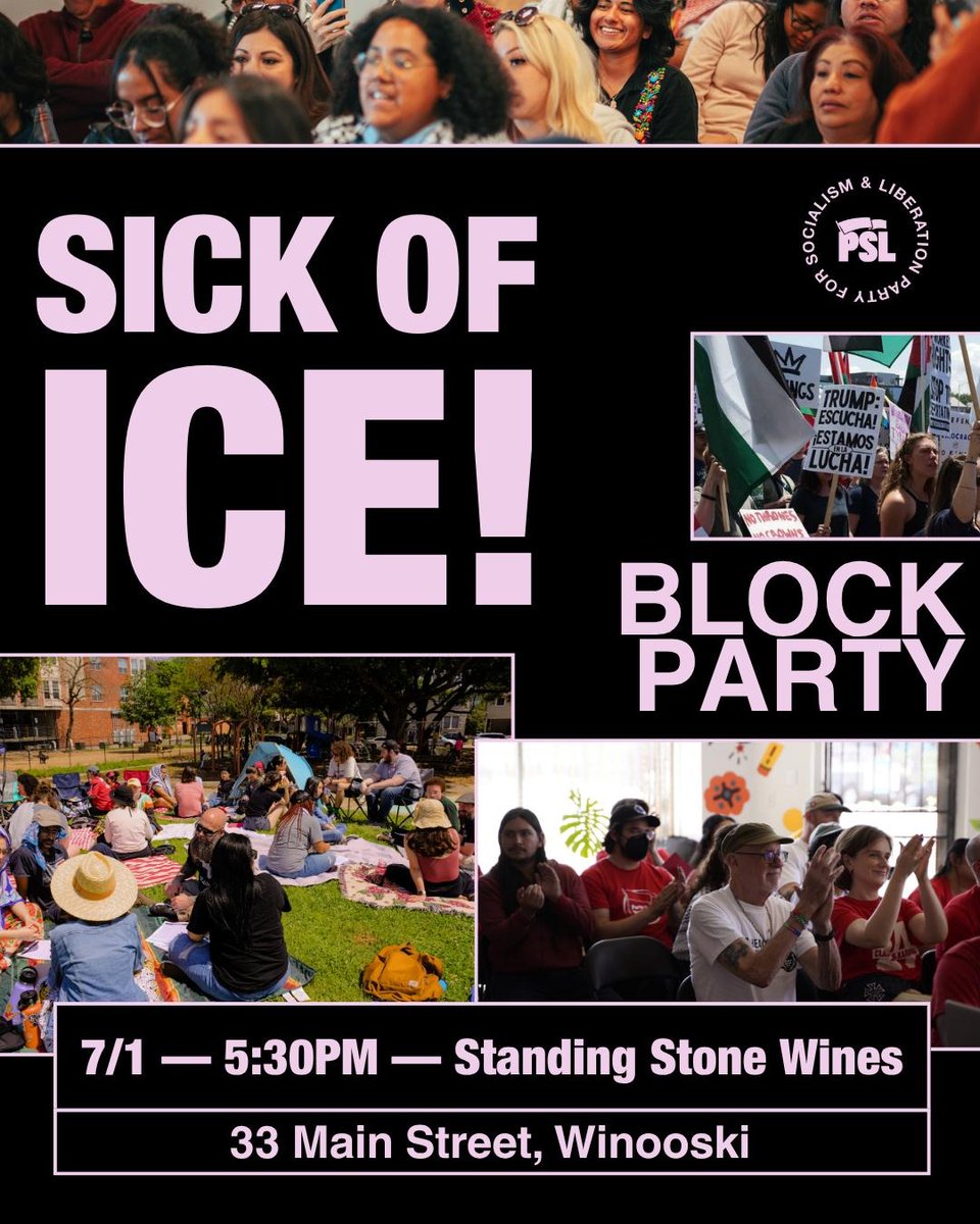 newarks_twt's tweet photo. SICK OF ICE? CELEBRATE MIGRANTS!
PSL is organizing a protest party in Winooski, VT on July 1st, a day where all are asked to call out sick and support migrant vendors! I may be DJing... :)
TUES, July 1st 530-8PM
Standing Stone Wines, 33 Main St, Winooski #sickoftrump #sickofICE https://t.co/BobBKppsJ4