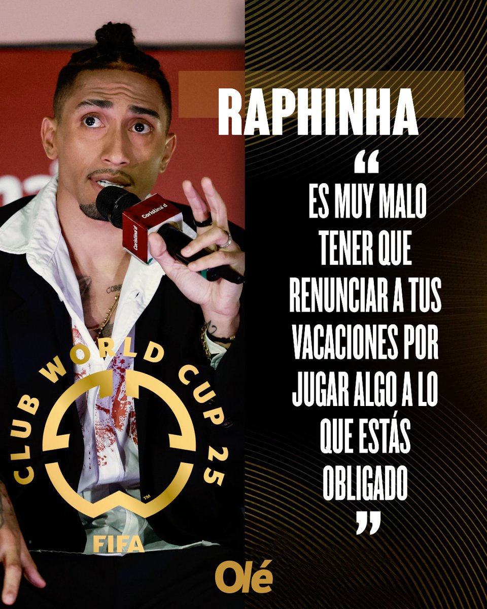 DiarioOle's tweet image. RAPHINHA Y SU DURA CRÍTICA AL MUNDIAL DE CLUBES 💬🔥

🏆🇧🇷 El jugador del Barcelona, que no juega el MDC, apuntó hacia la nueva competición de la FIFA y afirmó el derecho de los futbolistas a tener vacaciones entre el final de una temporada y el comienzo de la siguiente

🗣️ "Uno…