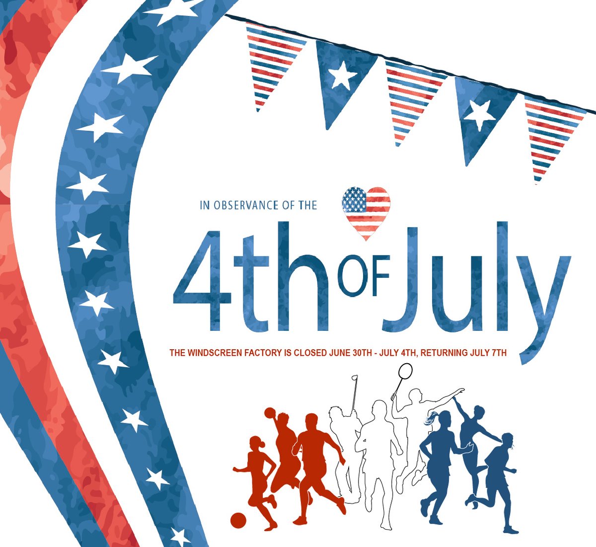 Getting ready to celebrate the 4th of July! 🎉 We'll be CLOSED from June 30th to July 4th to enjoy the festivities. Our team at The Windscreen Factory looks forward to seeing you back on July 7th! Have a fantastic holiday weekend! ✨ #IndependenceDay #July4th #ClosedForHoliday