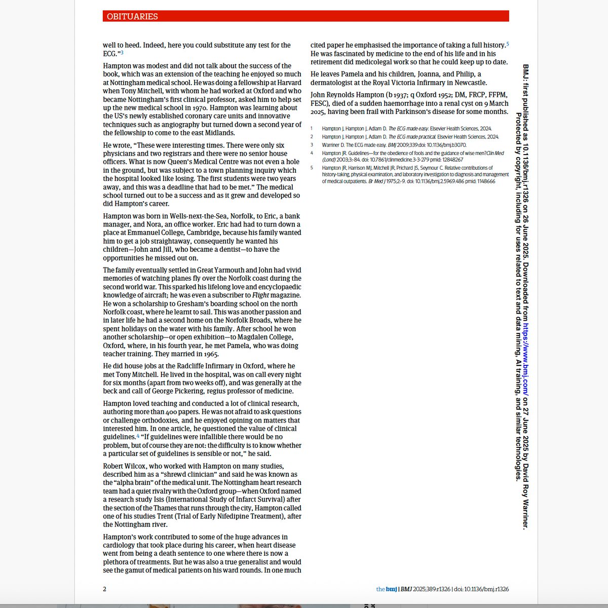 Sorry to read this in today's BMJ. RIP John Hampton author of "The ECG Made Easy" s true medical classic. Such a giant of medical education that helped so many of us understand, and even enjoy, reading ECGs. 
<a href="/bmj_latest/">The BMJ</a>

#Cardiology

bmj.com/content/bmj/38…