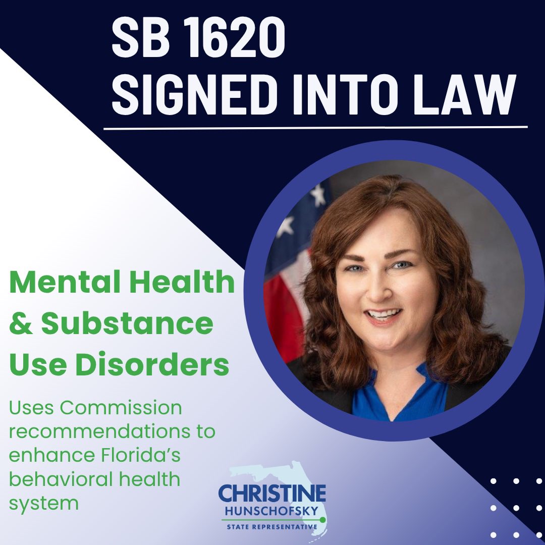 Thrilled that SB 1620 has been signed into law! This bill, enhancing Florida’s behavioral health system, is especially meaningful to me as it incorporates recommendations from the Commission on Mental Health &amp; Substance Use Disorders - a commission I’m proud to serve on 1/2