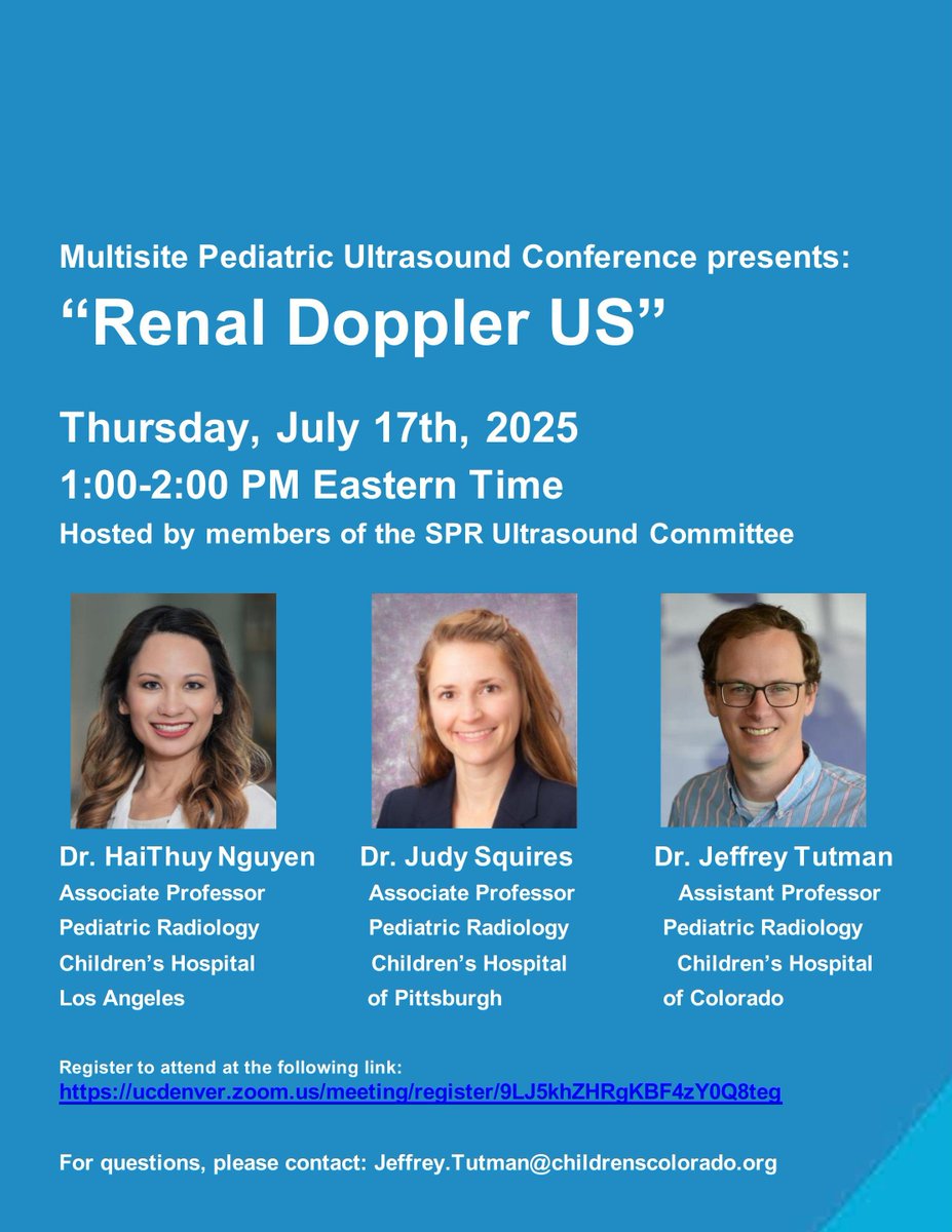 Jeffrey Tutman (@jeffreytutman) on Twitter photo Registration is open for the next Multisite #Pediatric #Ultrasound Conference with discussion of Renal Doppler Ultrasound
Thursday, July 17th at 11am MT/1pm ET
Registration available here: ucdenver.zoom.us/meeting/regist… Registration is open for the next Multisite #Pediatric #Ultrasound Conference with discussion of Renal Doppler Ultrasound
Thursday, July 17th at 11am MT/1pm ET
Registration available here: ucdenver.zoom.us/meeting/regist…