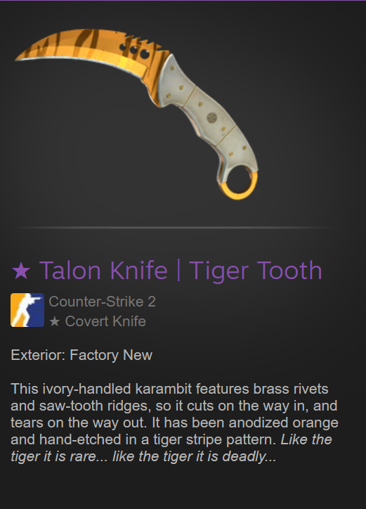 🎁 TALON KNIFE | TIGER TOOTH FACTORY NEW ($1100+) 🎁

To enter :   

- Follow <a href="/LobanjicaCS/">Lobanjica</a> + retweet 
- Tag 2 friends 👥
- Subscribe to : youtube.com/@loba_rizz (will ask winner for proof)

Picking a winner in 20 days, good luck 🥳