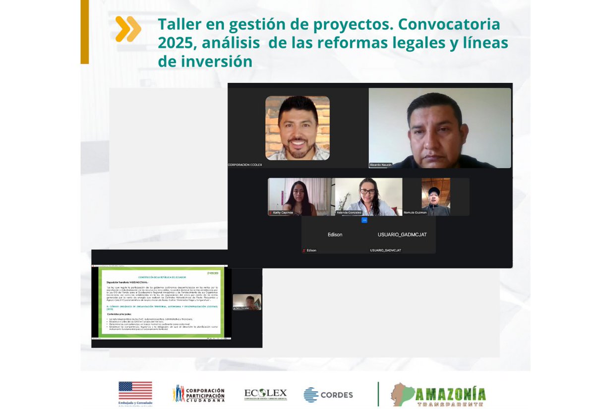 ecolexecuador's tweet photo. #GadArosemenaTola, recibe capacitación en gestión de proyectos, así como en las reformas legales ante la Convocatoria 2025 al Fondo Común, en el marco del proyecto #AmazoniaTransparenteEC.
@USembassyEC @ParticipacionPC @CORDES_Ecuador https://t.co/Ssk80RvueF