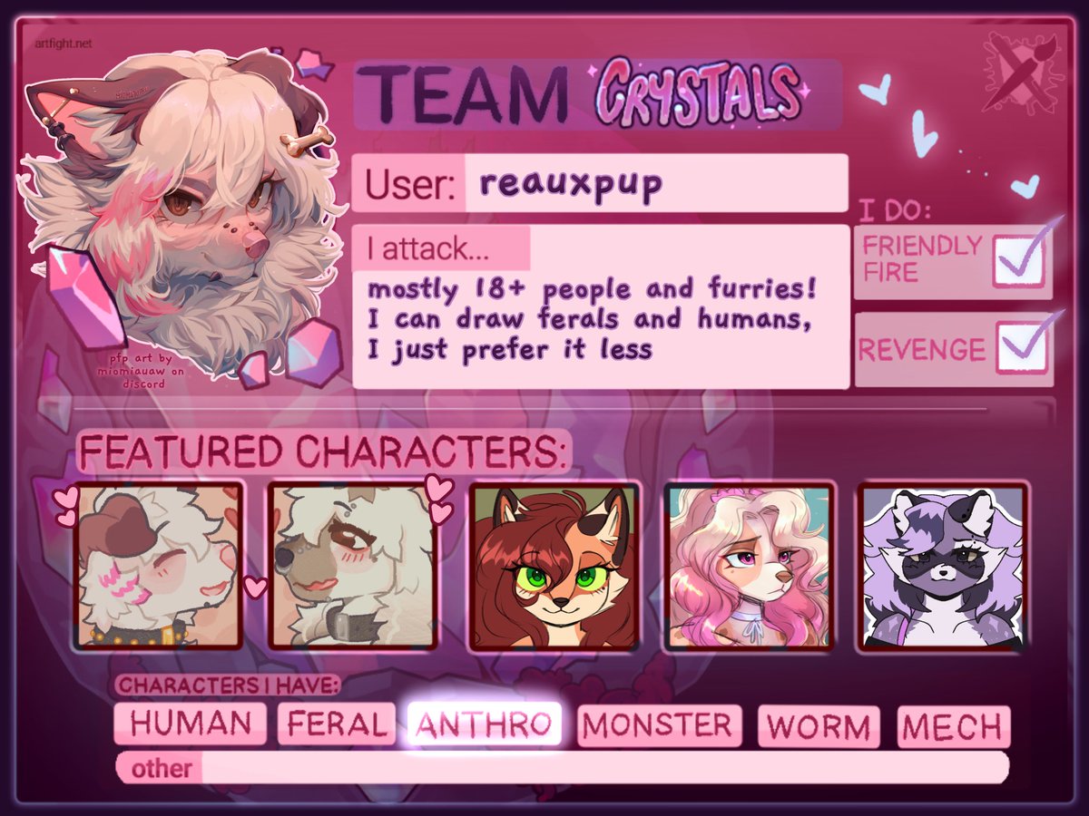 Team Fossil you wanna share your links so bad ooo

artfight.net/~reauxpup

#artfight #artfight2025