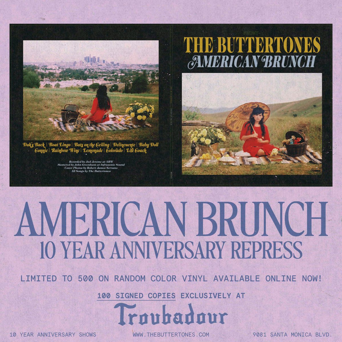 The Buttertones (@btonesband) on Twitter photo AMERICAN BRUNCH – 10 YEAR REPRESS
Limited to 500 on random color vinyl – available online NOW
No two are alike.
100 signed copies will be available only at <a href="/theTroubadour/">Troubadour</a>
We’ve also restocked our self-titled album on random color vinyl + added some special markdowns for you 🖤 AMERICAN BRUNCH – 10 YEAR REPRESS
Limited to 500 on random color vinyl – available online NOW
No two are alike.
100 signed copies will be available only at <a href="/theTroubadour/">Troubadour</a>
We’ve also restocked our self-titled album on random color vinyl + added some special markdowns for you 🖤