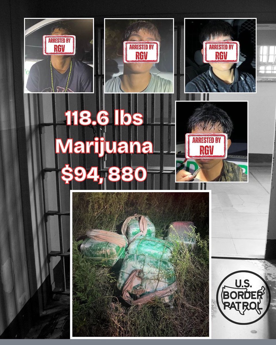 USBPChiefRGV's tweet image. 🚨 Teamwork in Action 🚨
On June 23 in Brownsville, TX, RGV Border Patrol agents — K9, Bike Patrol, ATV & Drones — arrested 4 Mexican citizen juveniles carrying 118+ lbs of marijuana worth $94,880.
🇺🇸 Honor First! 🫡
#RGV #BorderPatrol #Marijuana #NationalSecurity