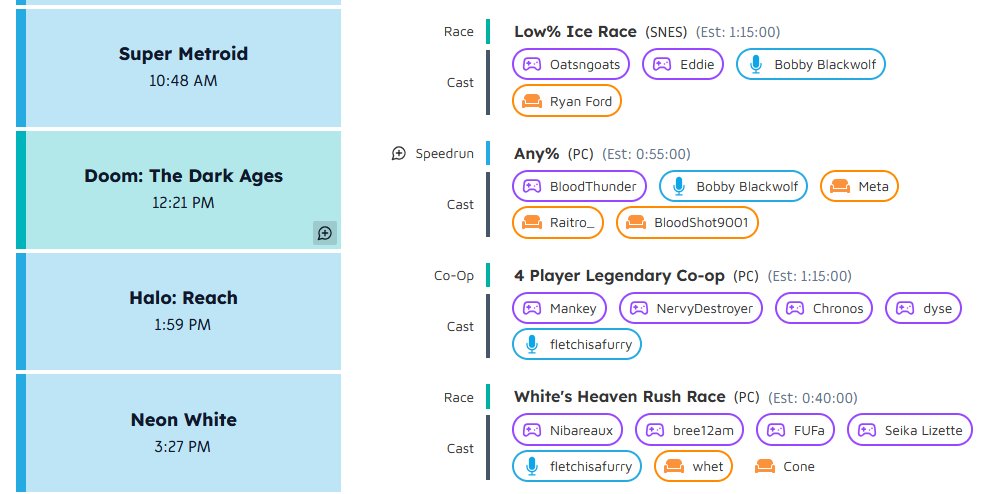 Found the obligatory 5 hour period that I'm going to actually pay attention to GDQ for this year (I shall simply go for a long walk during Halo how dare it interrupt this god-like block).

Gotta see how the public reacts to TDA's real any% and not that casual Restricted stuff.