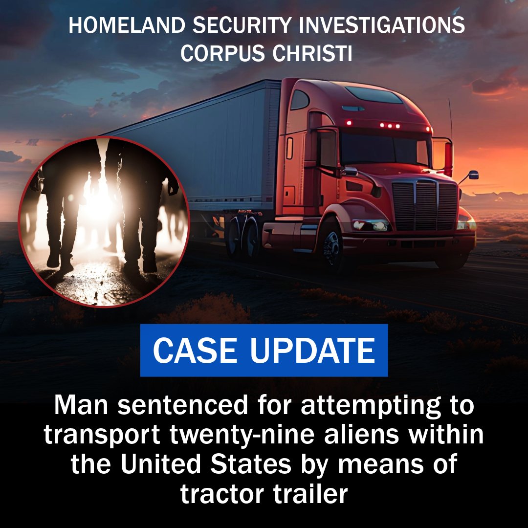 HSIHouston's tweet image. Corpus Christi - Angel MENDEZ-HERNANDEZ received an 18-month prison sentence and 2 years of supervised release for knowingly transporting 29 aliens within the U.S. HSI works tirelessly to combat human smuggling and protect vulnerable individuals. #HumanSmuggling #BorderSecurity