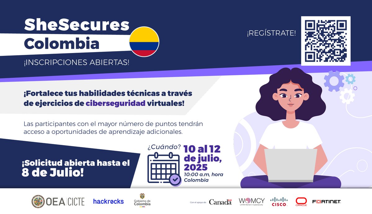 Impulsa tu talento con #SheSecuresColombia,un programa pensado en mujeres entre 16 y 25 años que desean aprender,competir y crear experiencia práctica en #Ciberseguridad.🌐¡Acepta el desafío y sé protagonista del cambio!
🔗Postúlate antes del 8 de julio: shesecures-colombia.hackrocks.com