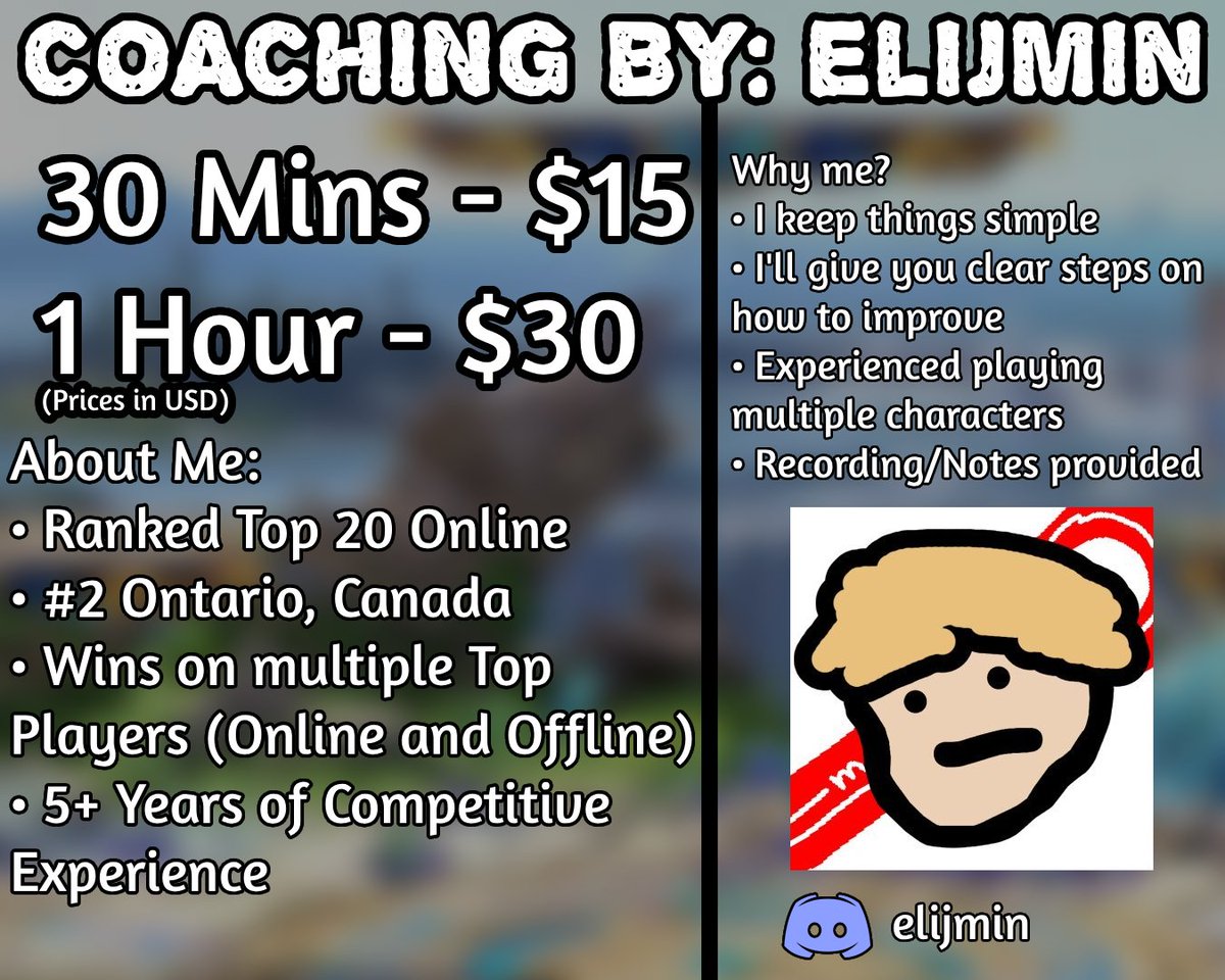elijmin2's tweet image. I'M OFFICIALLY OPENING UP SMASH ULTIMATE COACHING
I'm trying to save up more to attend more majors in the near future. If you would like to support me while also leveling up yourself, please DM me on Twitter or Discord to book a session.
All Likes and RTs appreciated. 🙏