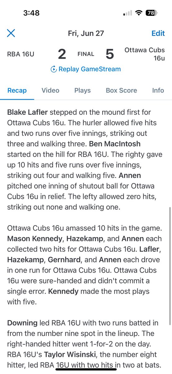 Ottawa Cubs Baseball (@ottawacubs) on Twitter photo Avoiding the rain and getting the win with <a href="/BLafler47589/">Blake Lafler</a> on the mound
5IP
5 H
3 K
<a href="/james_annen/">James Annen</a> closes it with 1IP on 13 pitches
Offense provided by many but <a href="/Masonkenne93338/">Mason kennedy</a> <a href="/hudsonhazekamp/">Hudson Hazekamp</a> <a href="/james_annen/">James Annen</a> all with 2 Hits.
Stand up triple by <a href="/mgardy28/">Max Gardner</a> in 5th was a shot Avoiding the rain and getting the win with <a href="/BLafler47589/">Blake Lafler</a> on the mound
5IP
5 H
3 K
<a href="/james_annen/">James Annen</a> closes it with 1IP on 13 pitches
Offense provided by many but <a href="/Masonkenne93338/">Mason kennedy</a> <a href="/hudsonhazekamp/">Hudson Hazekamp</a> <a href="/james_annen/">James Annen</a> all with 2 Hits.
Stand up triple by <a href="/mgardy28/">Max Gardner</a> in 5th was a shot