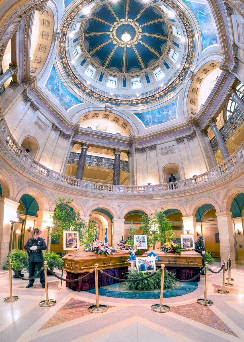 The Capitol's electrolier is illuminated in honor of Speaker Emerita Melissa Hortman, her husband, Mark, and their golden retriever, Gilbert, as they lie in state in the Rotunda June 27. 

📸 Andrew VonBank

#mnleg
