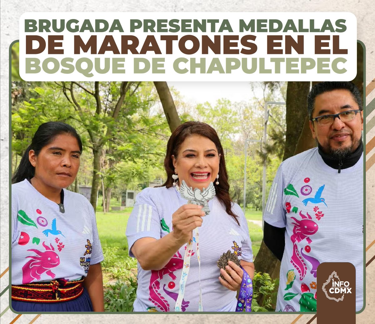 INFOcdmx_'s tweet photo. La jefa de Gobierno, @ClaraBrugadaM, presentó desde el corazón del Bosque de Chapultepec las medallas y playeras del XVIII Medio Maratón (13 de julio) y el XLII Maratón de la CDMX (31 de agosto). Este año corremos por los 700 años de México-Tenochtitlan. https://t.co/89ahpNDdfu
