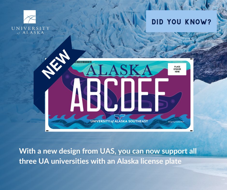 💙 You can now order a UAS license plate from the Alaska DMV.

It joins UAA and UAF designs and features artwork by Tlingit and Athabascan artist Crystal Worl.

Read about it here: alaska.edu/news/did-you-k…