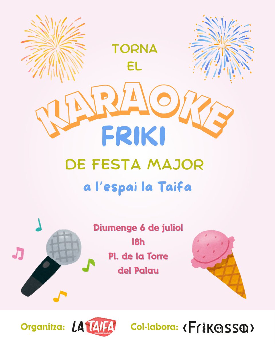 La Frikassa (@lafrikassa) on Twitter photo 🎤 Torna el karaoke friki en català de la Frikassa a l' <a href="/espailataifa/">La Taifa | Espai Tradicional Autèntic</a> 🎶
Canta a ple pulmó les cançons de la teva infància i adolescència amb nosaltres! Vine i demostra que coneixes les cançons d'anime en català! 🌸
📅 6 de juliol
🕓 De 18h a 20h
📍 Plaça de la Torre del Palau 🎤 Torna el karaoke friki en català de la Frikassa a l' <a href="/espailataifa/">La Taifa | Espai Tradicional Autèntic</a> 🎶
Canta a ple pulmó les cançons de la teva infància i adolescència amb nosaltres! Vine i demostra que coneixes les cançons d'anime en català! 🌸
📅 6 de juliol
🕓 De 18h a 20h
📍 Plaça de la Torre del Palau
