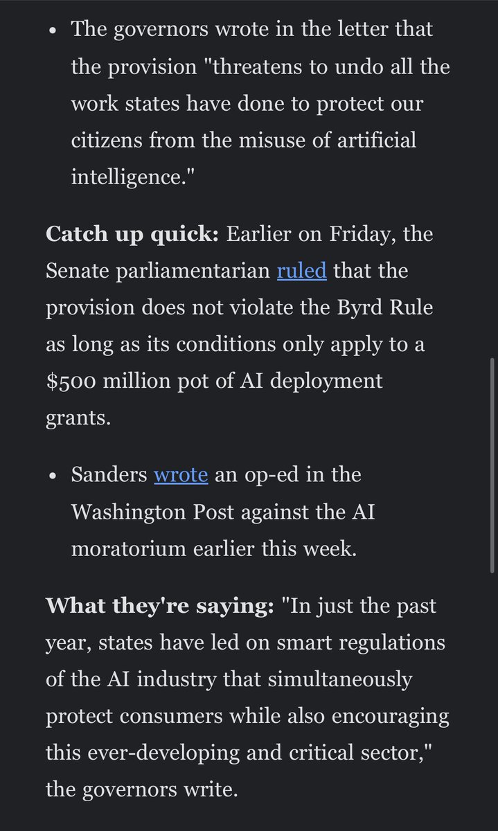 Kyle Morse (@kyle_a_morse) on Twitter photo 🚨 REPUBLICAN GOVS OPPOSE AI MORATORIUM:
Governors from AL, AK, GA, ID, IA, LA, MO, MT, NE, ND OK, SC, SD, TN, UT, WY sent a joint letter to <a href="/LeaderJohnThune/">Leader John Thune</a> and <a href="/SpeakerJohnson/">Speaker Mike Johnson</a> to remove the Big Tech handout from the reconciliation package. 🚨 REPUBLICAN GOVS OPPOSE AI MORATORIUM:
Governors from AL, AK, GA, ID, IA, LA, MO, MT, NE, ND OK, SC, SD, TN, UT, WY sent a joint letter to <a href="/LeaderJohnThune/">Leader John Thune</a> and <a href="/SpeakerJohnson/">Speaker Mike Johnson</a> to remove the Big Tech handout from the reconciliation package.