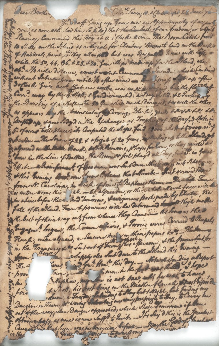 AmRevInstitute's tweet image. The Battle of Sullivan’s Island, SC, took place #OTD, June 28, 1776. South Carolina Patriot Benjamin Mazyck described the American victory in this letter now on display in our exhibition Revolutionary Beginnings. Learn more at bit.ly/4fFHas1