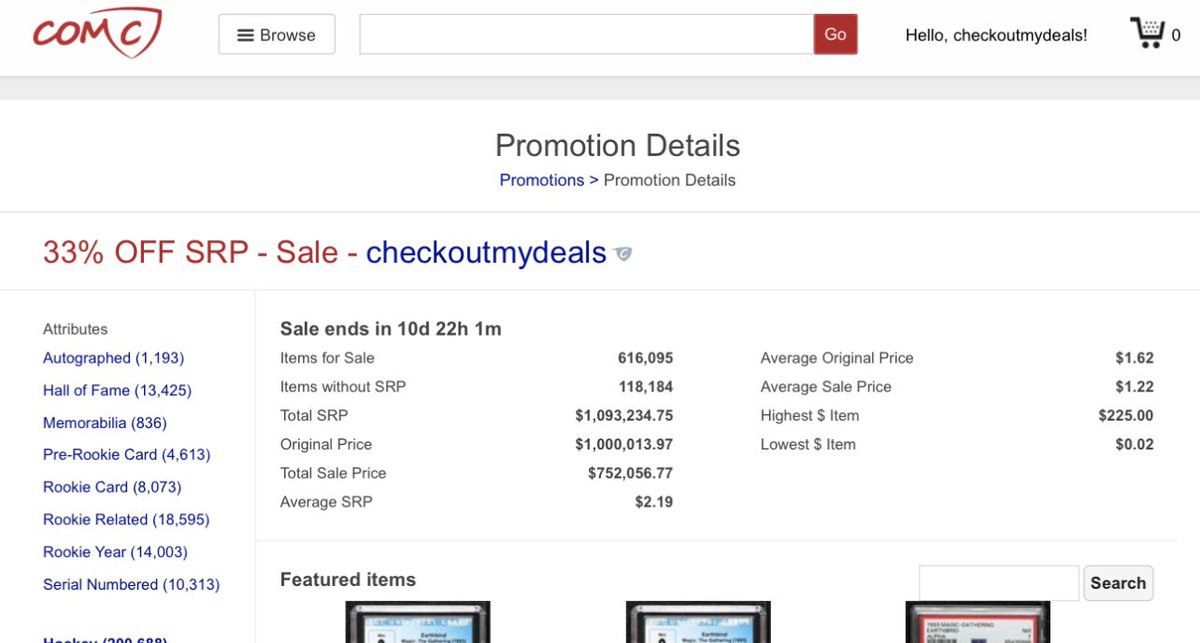COMCdeals's tweet image. Check out my massive “Million Dollar Sale”taking place on @CheckOutMyCards right now!
Over 600,000 items in stock!
25% off original asking price!
Save up to $250,000 when you buy them all!