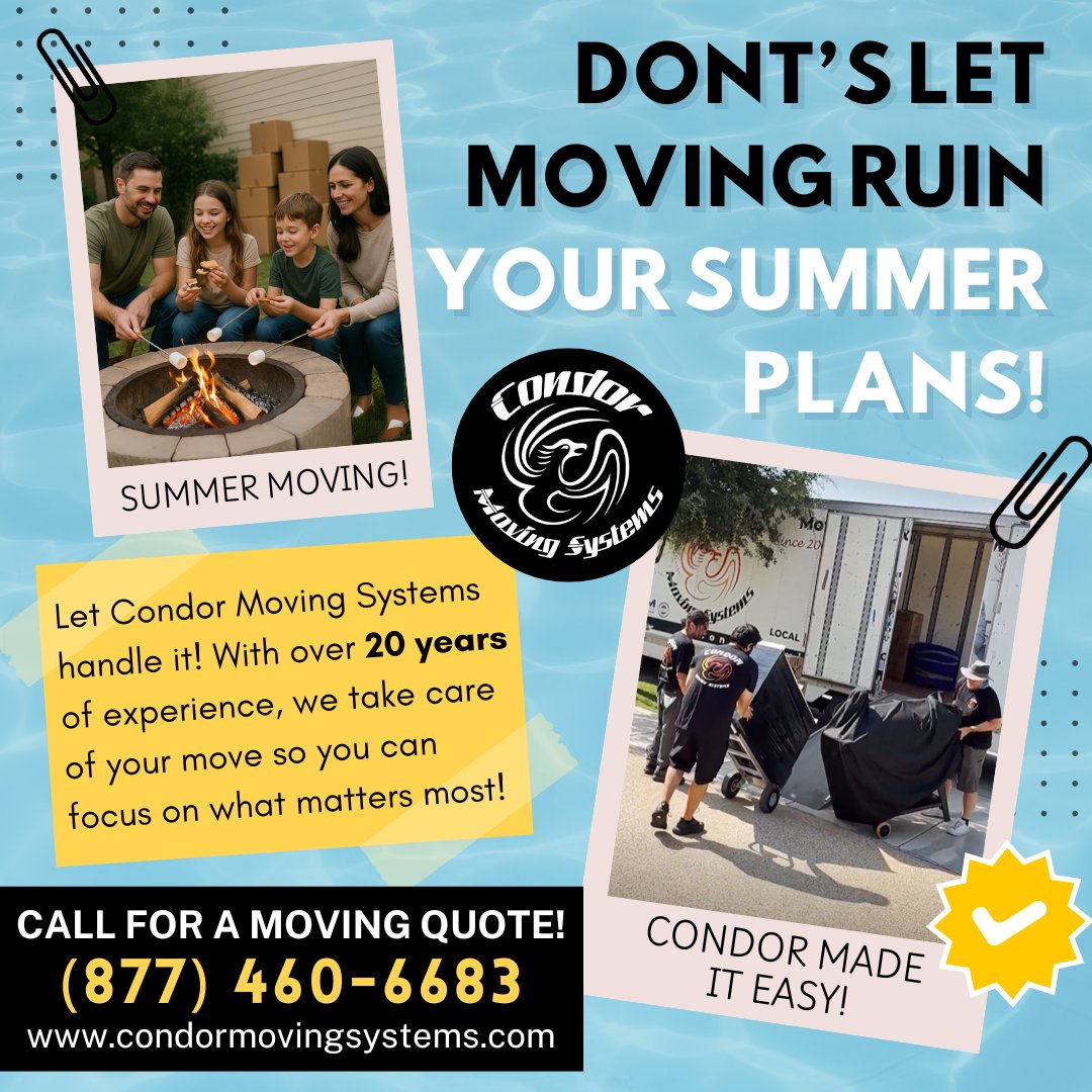 CondorMovingSys's tweet image. ☀️Don’t let moving derail your summer fun! 🔥
With over 20 years of experience, Condor Moving Systems takes care of everything—so you can focus on the moments that matter. We’ve got your move covered!

📦Get a free moving quote! condormovingsystems.com