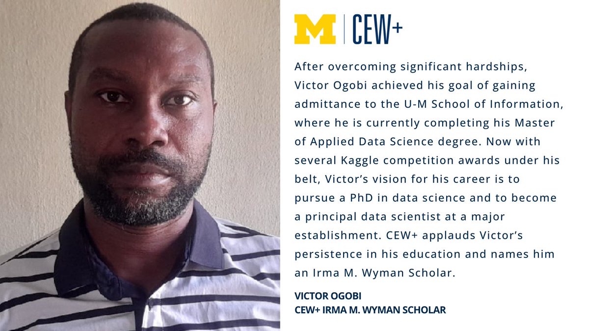 CEWatUM's tweet image. After overcoming significant hardships, Victor Ogobi achieved his goal of gaining admittance to the @umsi where he is currently completing his Master of Applied Data Science degree. Victor envisions earning a PhD in data science. bit.ly/4efW7BV