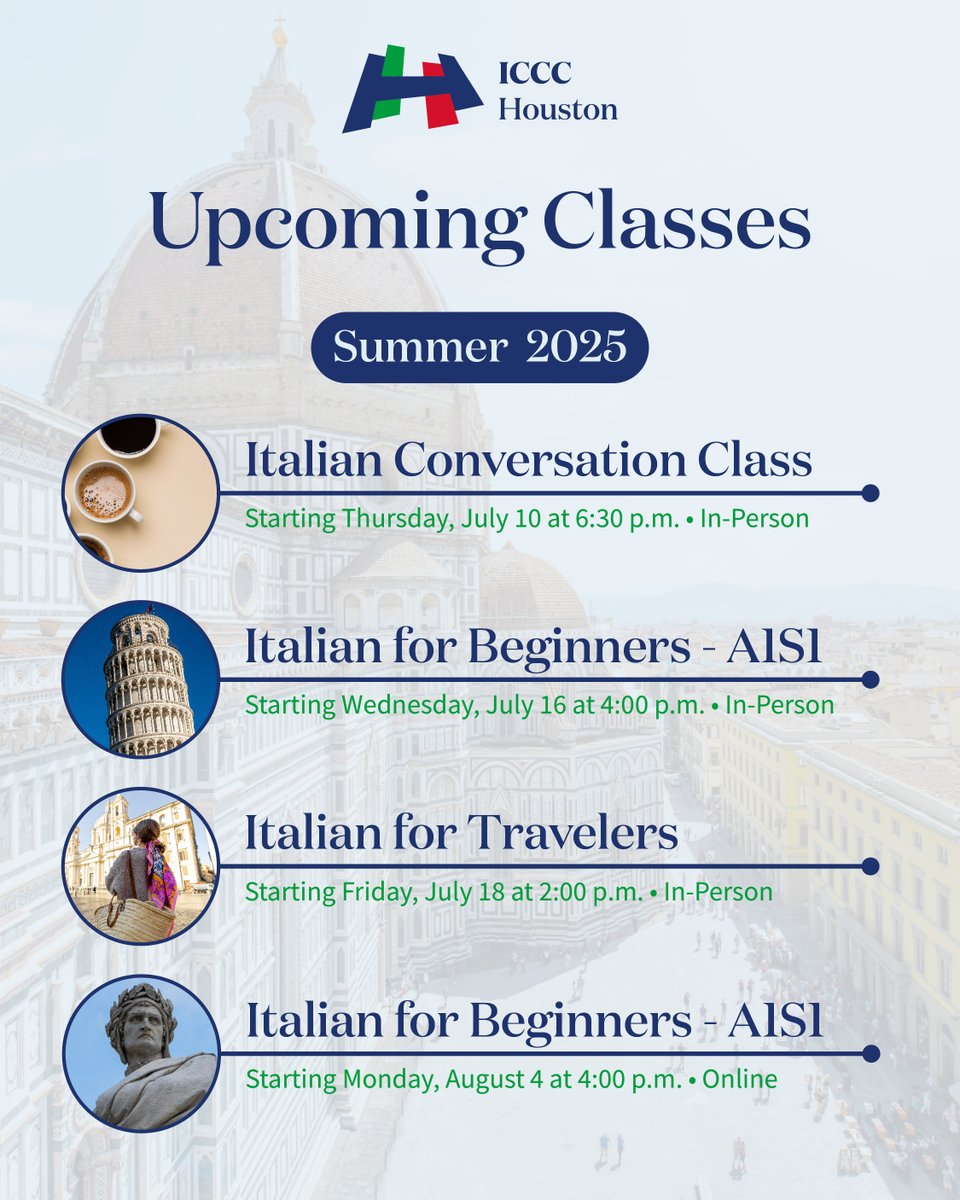 ICCCHouston's tweet photo. Looking for something to do this summer? Learn Italian with us at ICCC Houston! We offer courses for all levels, both in-person and online. 
Go to https://t.co/vbGoNal9Wg to sign up today. https://t.co/xIiI37TmfZ