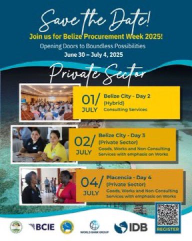 WBCaribbean's tweet image. 📢 #Belize🇧🇿Procurement week is near!
Learn how to tap into funding from @the_IDB, @Caribank, the @WorldBank & @BCIE_Org
📍 June 30–July 3: Belize City
📍July 4: Placencia
🕖 8:30AM–5PM | Walk-ins: 8–8:25AM
🔗 Register: ow.ly/EZ5R50VXSAr
ℹ️ow.ly/BKjC50VXSAp