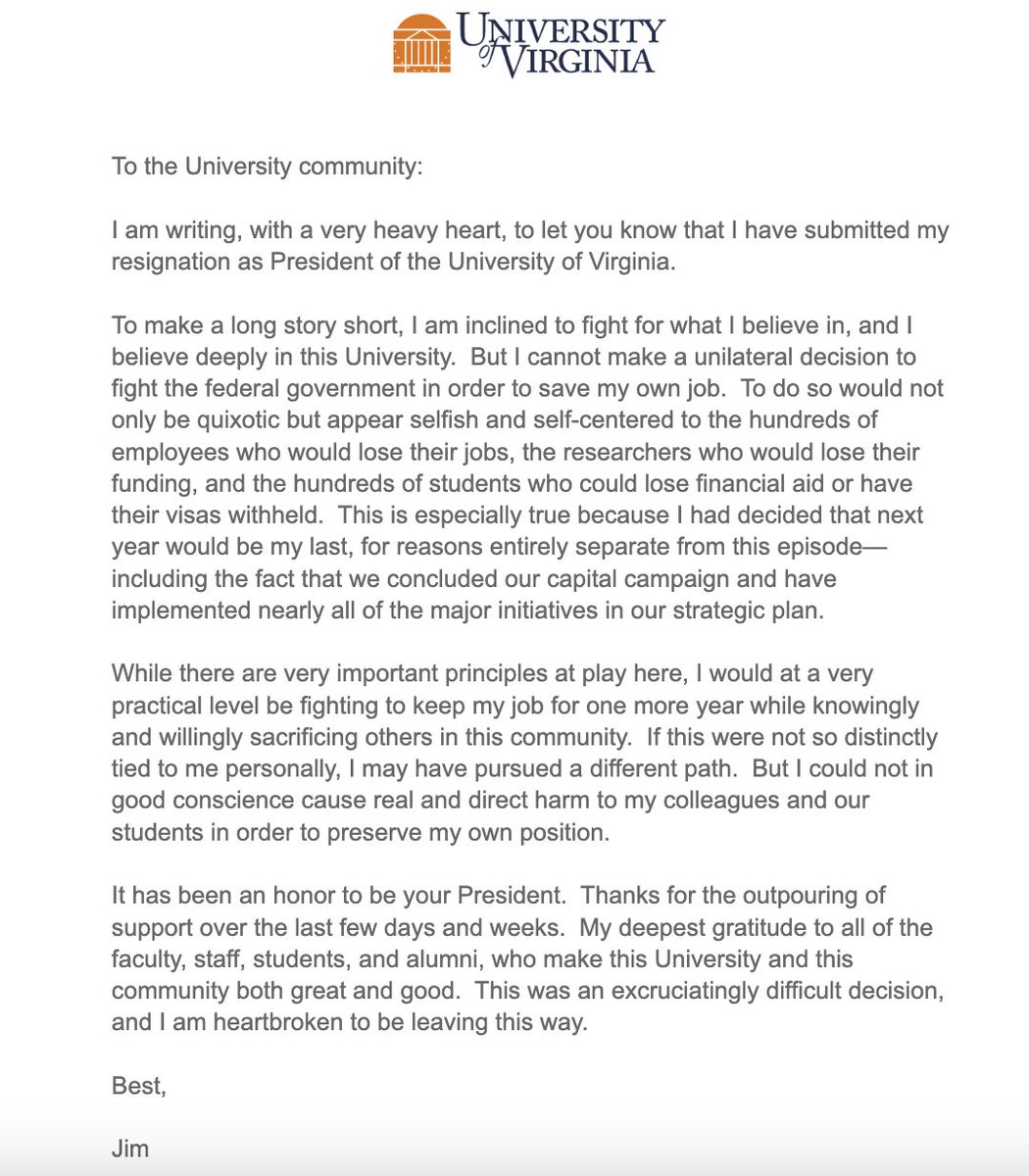 KFaulders's tweet image. University of Virginia president Jim Ryan confirms his resignation in a message to the UVA community -->