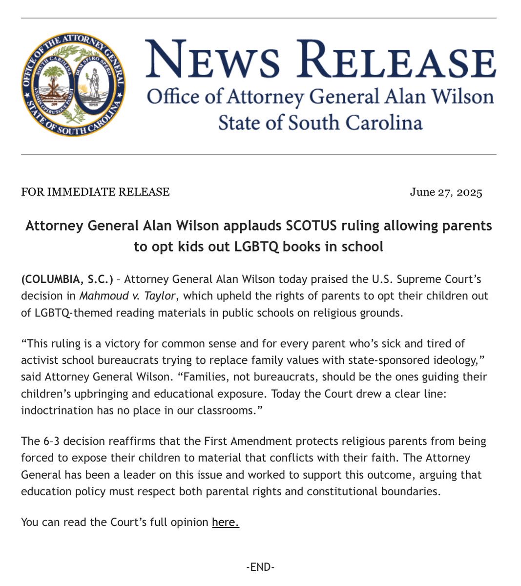 SCAttyGenOffice's tweet image. Attorney General Alan Wilson applauds SCOTUS ruling allowing parents to opt kids out LGBTQ books in school