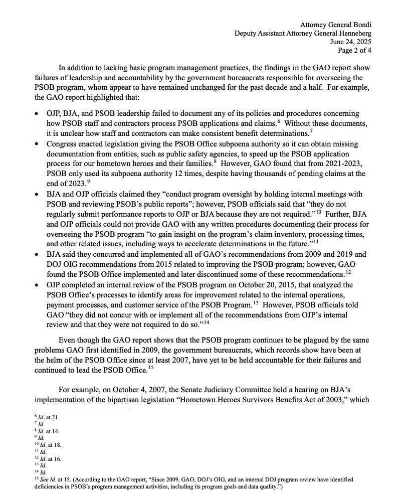 NAPOpolice's tweet image. This letter from Senate Judiciary Chairman Charles Grassley to Attorney General Bondi calls out the Public Safety Officers’ Benefits (PSOB) Program for failing the families of our fallen heroes. NAPO has shared the Chairman's overall concerns with the direction the PSOB program…