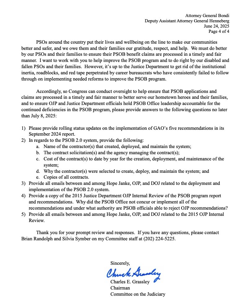 NAPOpolice's tweet image. This letter from Senate Judiciary Chairman Charles Grassley to Attorney General Bondi calls out the Public Safety Officers’ Benefits (PSOB) Program for failing the families of our fallen heroes. NAPO has shared the Chairman's overall concerns with the direction the PSOB program…