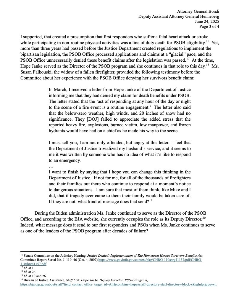 NAPOpolice's tweet image. This letter from Senate Judiciary Chairman Charles Grassley to Attorney General Bondi calls out the Public Safety Officers’ Benefits (PSOB) Program for failing the families of our fallen heroes. NAPO has shared the Chairman's overall concerns with the direction the PSOB program…