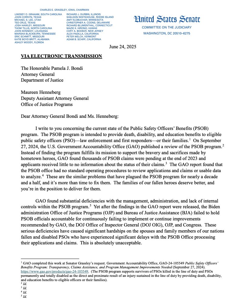 NAPOpolice's tweet image. This letter from Senate Judiciary Chairman Charles Grassley to Attorney General Bondi calls out the Public Safety Officers’ Benefits (PSOB) Program for failing the families of our fallen heroes. NAPO has shared the Chairman's overall concerns with the direction the PSOB program…