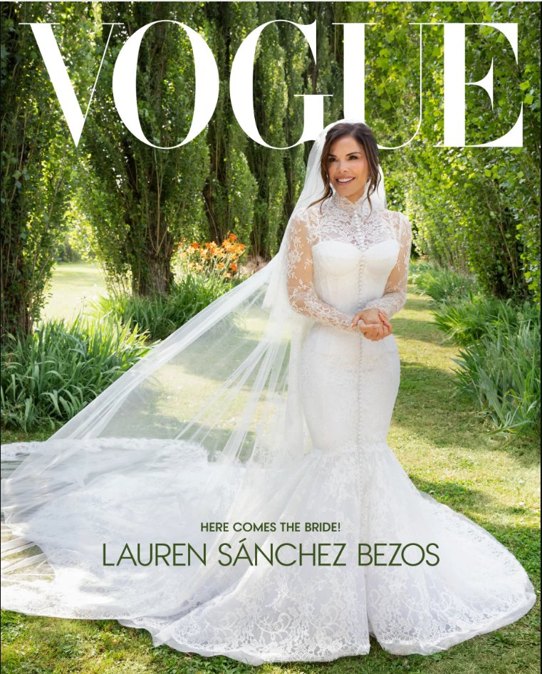 theprophetpizza's tweet image. Here is Lauren Sanchez on the cover of Vogue in her Dolce & Gabbana lace wedding dress vogue.com/article/lauren…