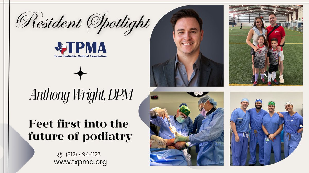 TPMAtweets's tweet image. 🎓 Resident Spotlight: Anthony Wright, DPM

From San Diego ➡️ DFW’s Thrive Reconstruction

Fav procedure: Post-traumatic deformity correction

“JPS = elite trauma + great culture!”

#TPMA #Podiatry
