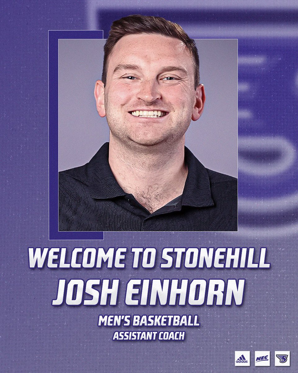 StonehillMBB's tweet image. Excited to announce another new assistant coach, Josh Einhorn! 👏
Einhorn rounds out the coaching staff for the 2025-26 season as he reenters the Division I ranks after a year at Brandeis!
📰 bit.ly/4eq7IhP
#GoHill | #NECMBB