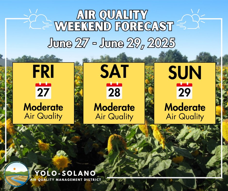 Hot weekend ahead! Temps will hit the high 90s Sat &amp; Sun. A slight cooldown starts Monday.

Air quality will stay moderate with decent dispersion. 

To sign up for air quality alerts, visit: ysaqmd.enviroflash.org