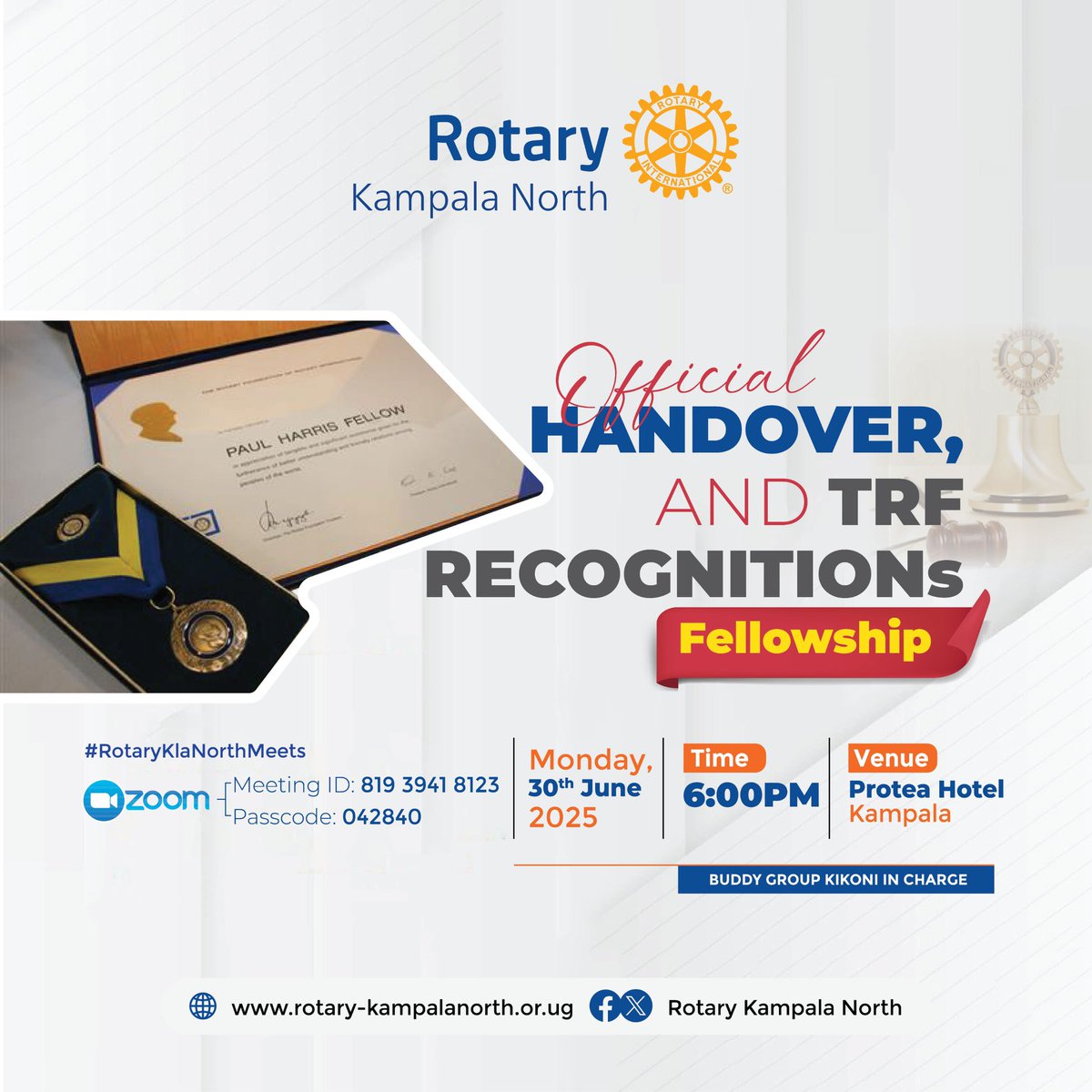 Rotary Kampala North (@rckampalanorth) on Twitter photo Make a date with us this Monday at #RotaryKlaNorthMeets as we host hand over & TRF recognitions fellowship powered by buddy group Kikoni at <a href="/ProteaKampalaH/">Protea Hotel by Marriott® Kampala</a>.
Just tag along with a friend 😎 #RCKNImpacts Make a date with us this Monday at #RotaryKlaNorthMeets as we host hand over & TRF recognitions fellowship powered by buddy group Kikoni at <a href="/ProteaKampalaH/">Protea Hotel by Marriott® Kampala</a>.
Just tag along with a friend 😎 #RCKNImpacts