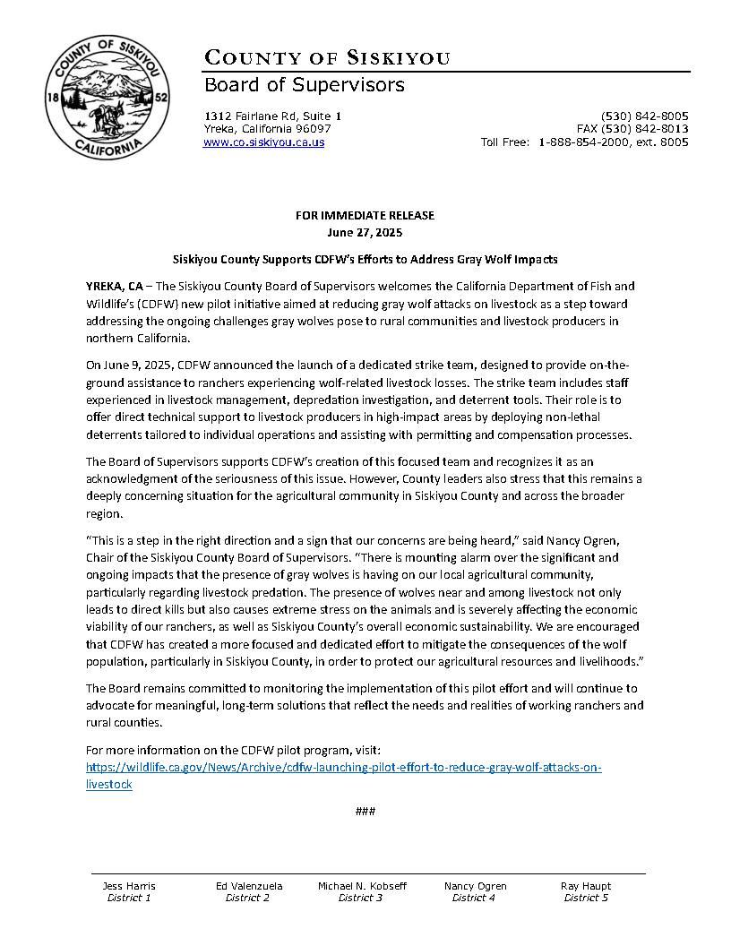 📢The Siskiyou County BOS welcomes recent efforts to help address the impacts of gray wolves on livestock in our region.

County leaders also stress that this remains a deeply concerning situation for the agricultural community.

 siskiyoucounty.gov/.../siskiyou-c…...