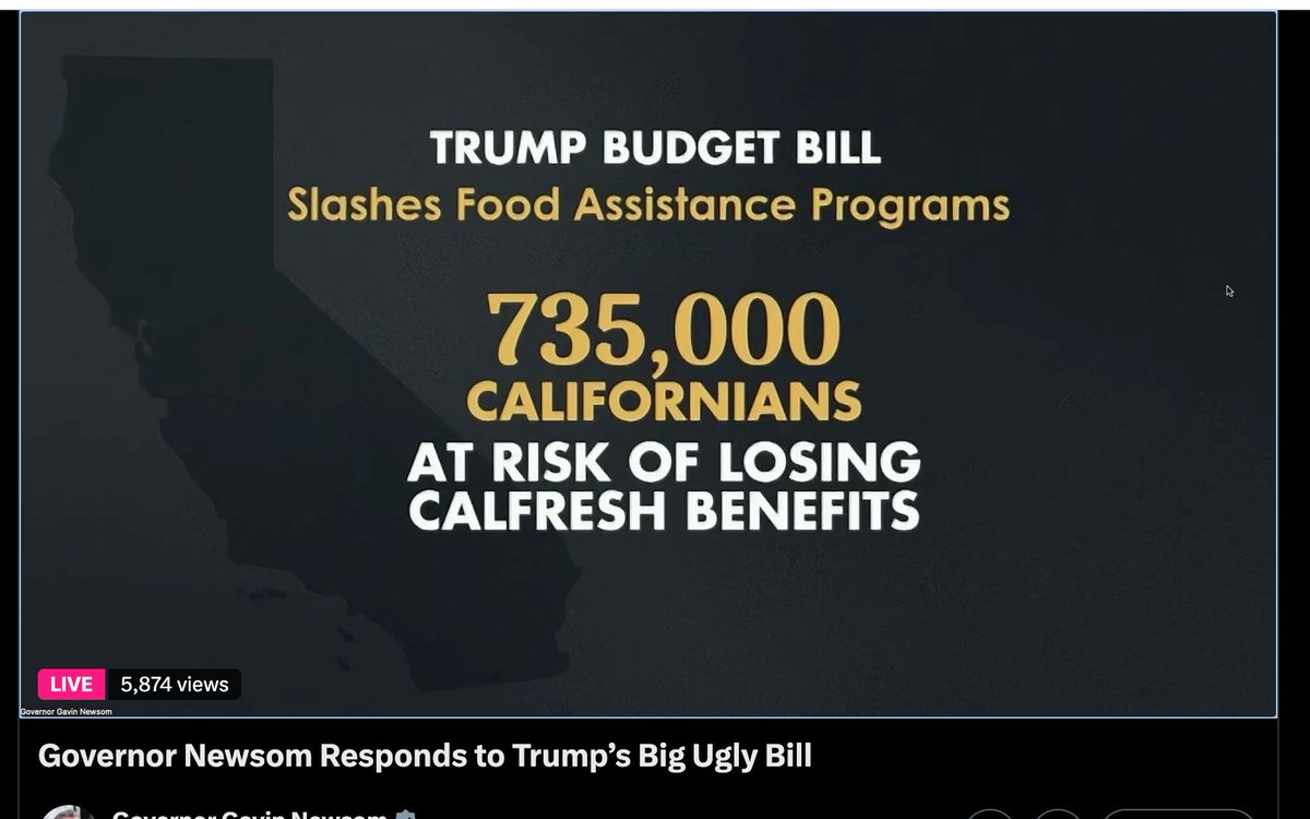 .<a href="/CAgovernor/">Governor Gavin Newsom</a>: The #BigUglyBill threatens #SNAP #food assistance for 735,000 Californians: 

❌ #Kids
❌ #Seniors 
❌ #PeopleWithDisabilities 
❌ #Veterans 
❌ #FosterYouth 
❌ #PeopleExperiencingHomelessness

#HandsOffSNAP #SNAPmatters