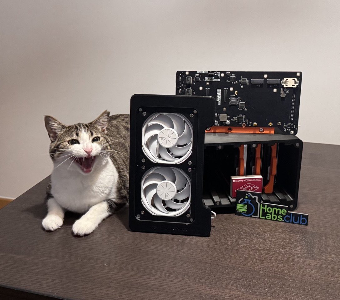 Homelabsclub's tweet image. Hey @geerlingguy! 

Built a CM5 NAS board (2.5G+1G NICs, dual NVMe, 6x HDD, 2x USB 3.0) and our community is going wild with 3D case designs.

Our office cat seems to think it&apos;s pretty cool too! 🐱

Want to get your hands on one to see its limits?
#Homelab #RaspberryPi #CM5