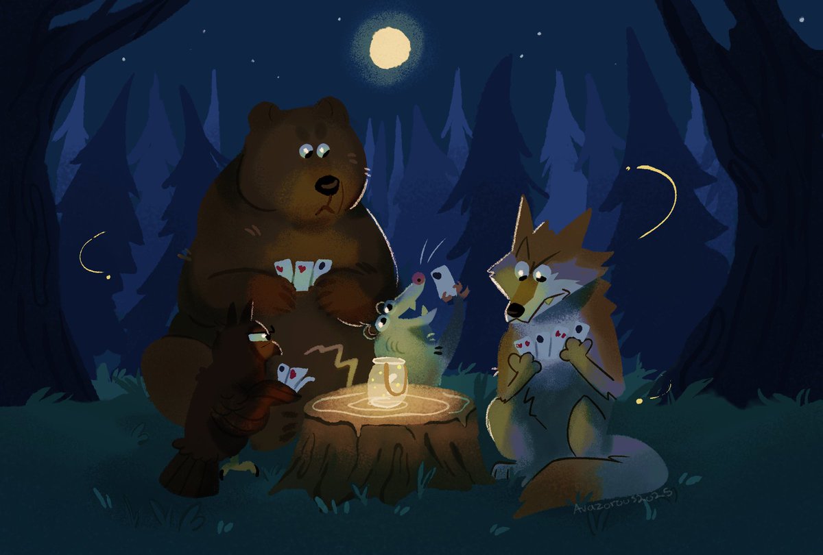 Avazorous's tweet image. Campfire card games! A little illustration I did to try out new styles for fun
#myartwork #noai #animals #illustration #photoshop #originalcharacterart