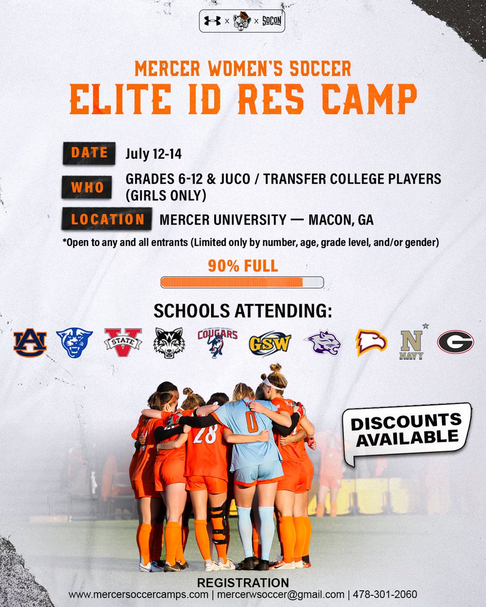 MercerWSoccer's tweet image. We are officially 2 weeks out from our Elite ID Res Camp and we are 90% FULL! Secure your spot and experience:
⚽️ Elite sessions run by college coaches
✅ A World-Class FIFA Pitch
📙 The Student-Athlete Experience
Click the link to sign up!
teescamps.com