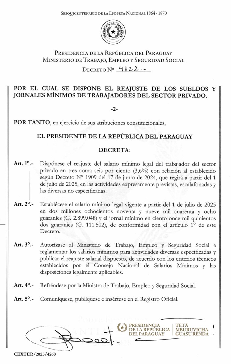 OFICIAL. Ya está el decreto que reajusta el salario mínimo.

Pasará a ser de 2.899.048 Gs. desde el 1 de julio.

El jornal mínimo será de 111.502 Gs.