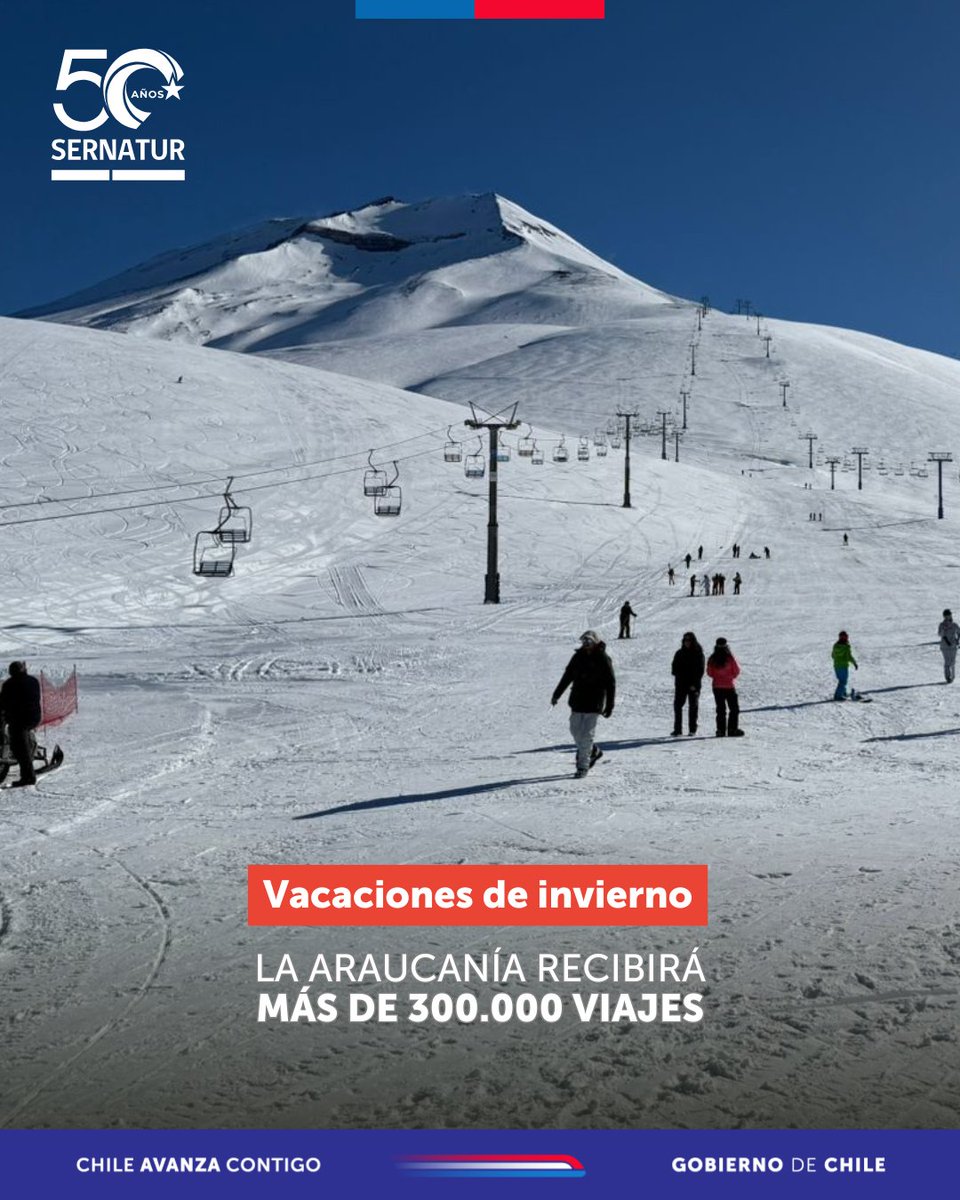 La Región de La Araucanía se posiciona como la tercera a nivel nacional en la recepción de viajes durante el periodo de vacaciones de invierno 🌨️

📌 La región también lidera como emisora de viajes con una de sus comunas. Descubre cuál es en sernatur.cl/la-araucania-r….