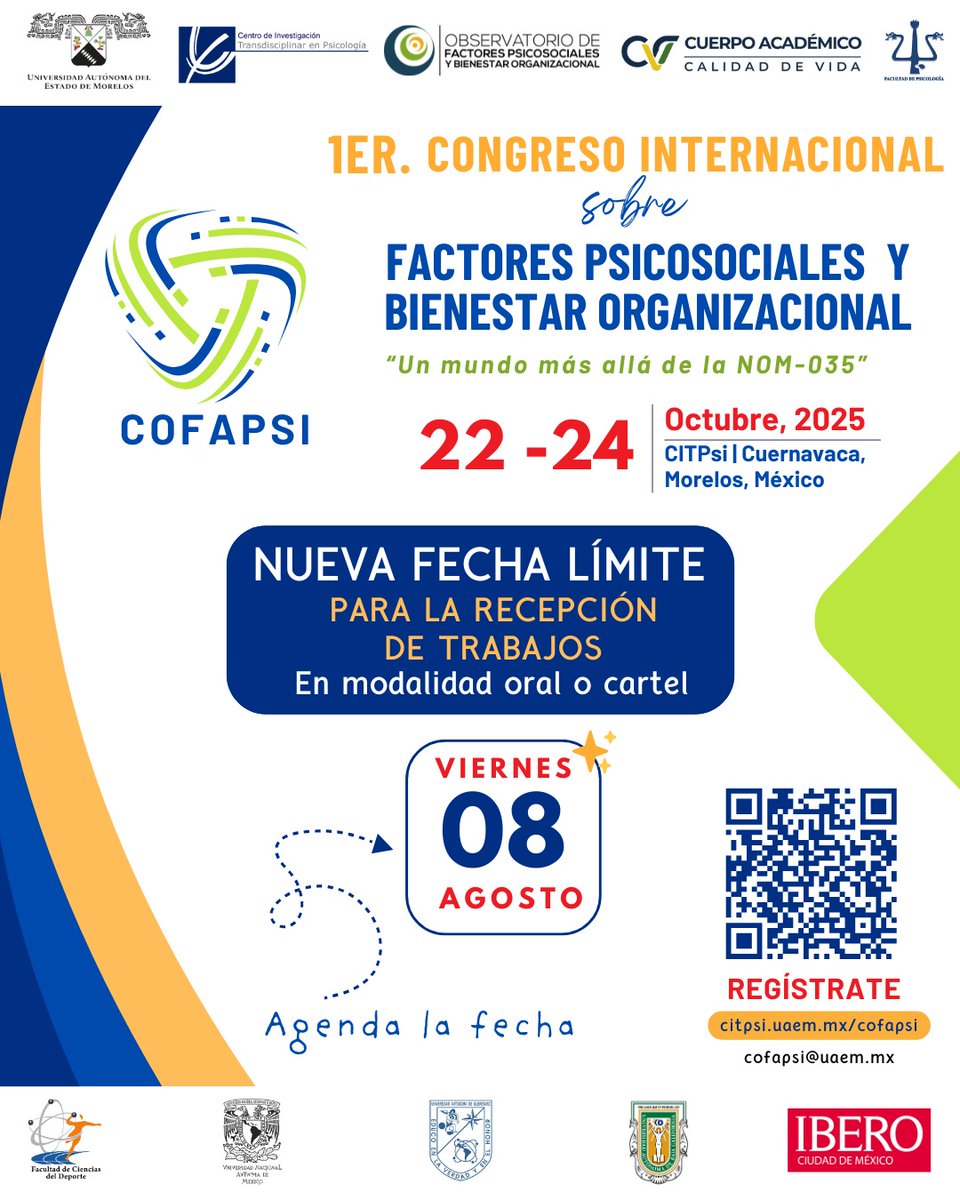 citpsi's tweet photo. 🛎  Pssst!! ...#NUEVA fecha ‼️

✅ Aún puedes enviar trabajo para participar en el 1er Congreso Internacional sobre Factores Psicosociales y Bienestar Organizacional 🌍

📣 Tienes hasta el 8️⃣de agosto de 2025!.📤

🔗 Regístrate y consulta las bases en: https://t.co/4sZAysftMO https://t.co/4MRzMVS4Qo