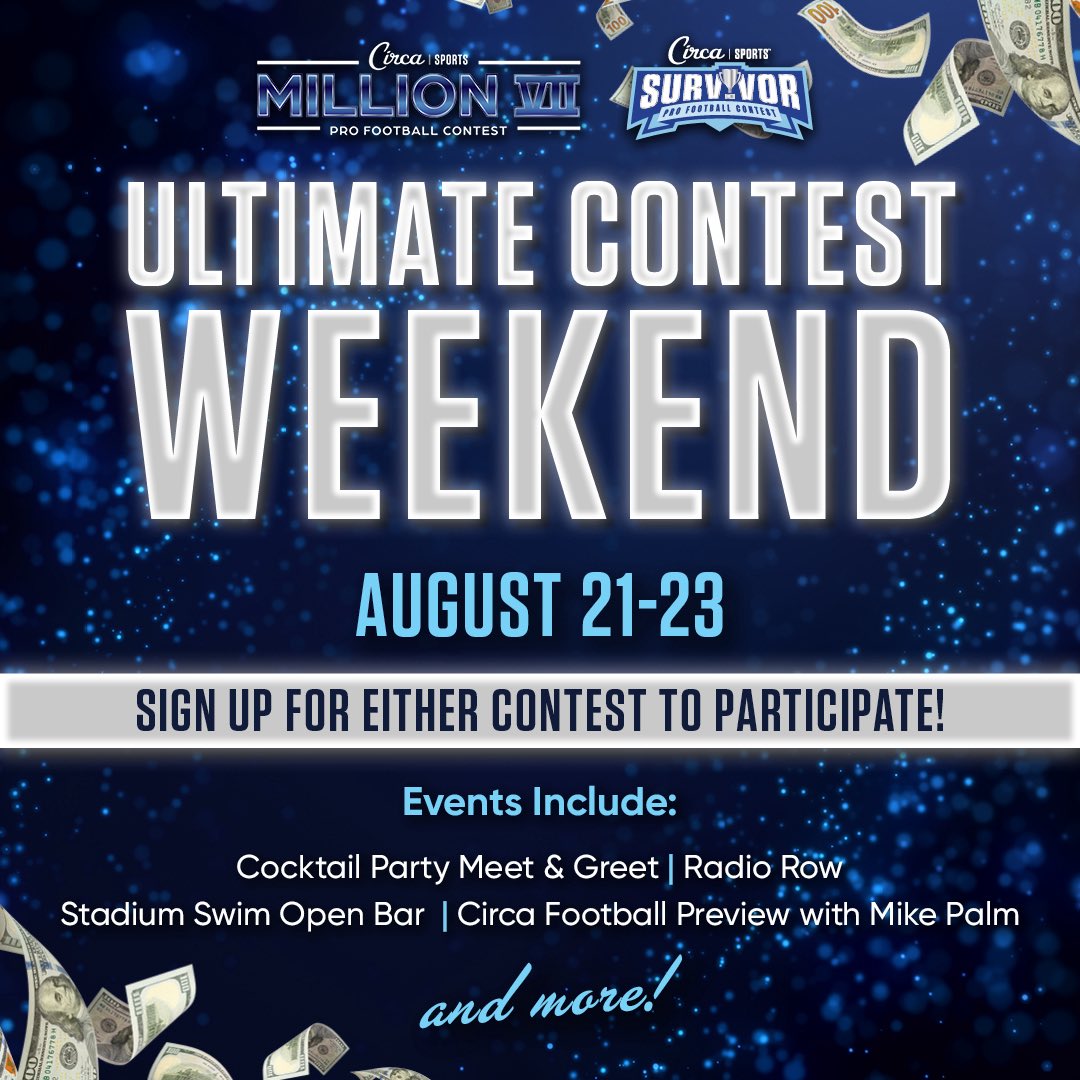 Circa Las Vegas (@circalasvegas) on Twitter photo Have you signed up for our football contests? 👀🏈 If so, you’re in for the weekend of a lifetime!
Join us for <a href="/CircaSports/">Circa Sports</a>’ Ultimate Contest Weekend, including a BarCanada cocktail party at @thedlasvegas, a blackjack tournament, a <a href="/stadiumswim/">Stadium Swim</a> party, radio row, and of course a Have you signed up for our football contests? 👀🏈 If so, you’re in for the weekend of a lifetime!
Join us for <a href="/CircaSports/">Circa Sports</a>’ Ultimate Contest Weekend, including a BarCanada cocktail party at @thedlasvegas, a blackjack tournament, a <a href="/stadiumswim/">Stadium Swim</a> party, radio row, and of course a