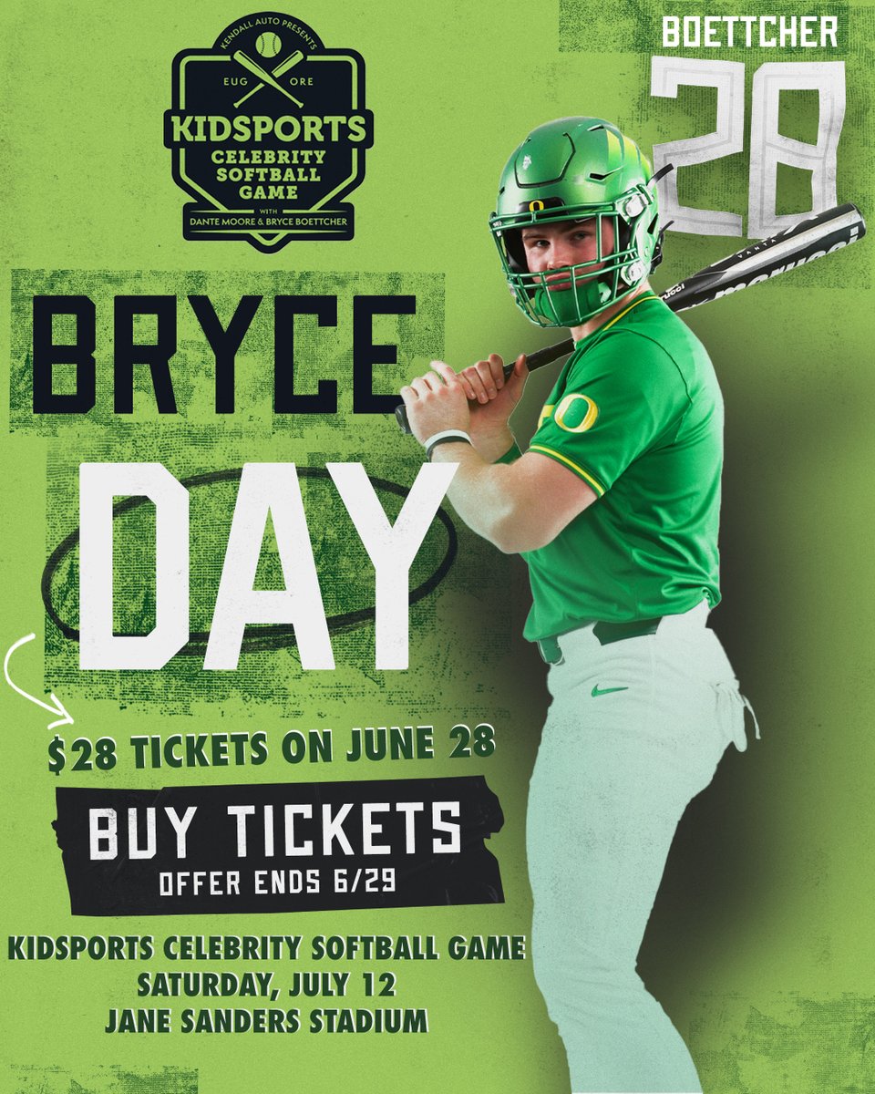 🚨 $28 tix for #28!

In honor of <a href="/bryce_boettcher/">Bryce Boettcher</a>, grab your ticket to the Kidsports Celebrity Softball Game for just $28 — on June 28 only! 🧢⚾

🎟️Tickets➝ am.ticketmaster.com/oregonducks/bu…

#AllKidsPlay #KidsportsCelebritySoftball #GoDucks #OregonDucks #CollegeBaseball #CollegeFootball